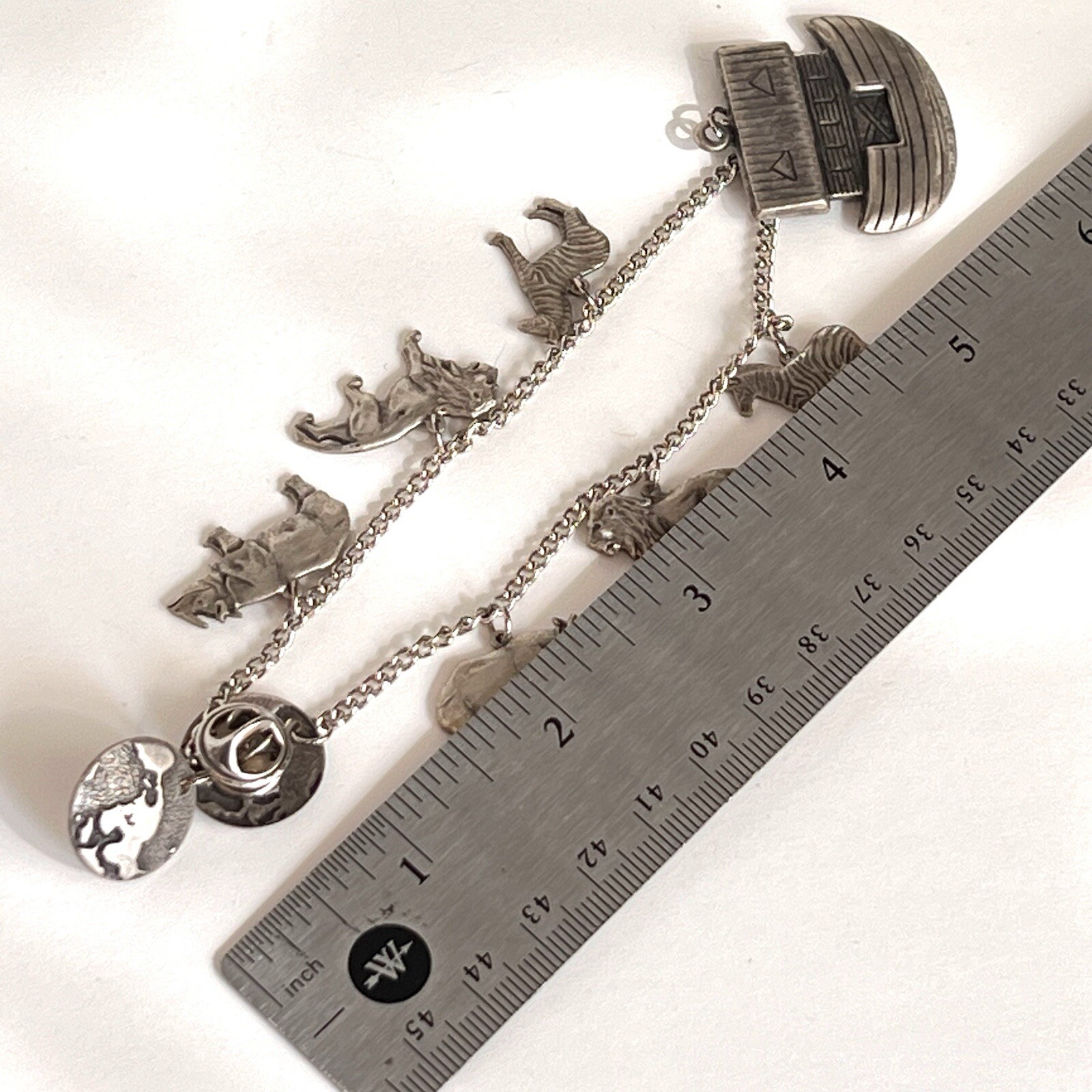 Noahs Ark Charm Brooch Silver Tone Vintage Chain With Animals And Globes On End