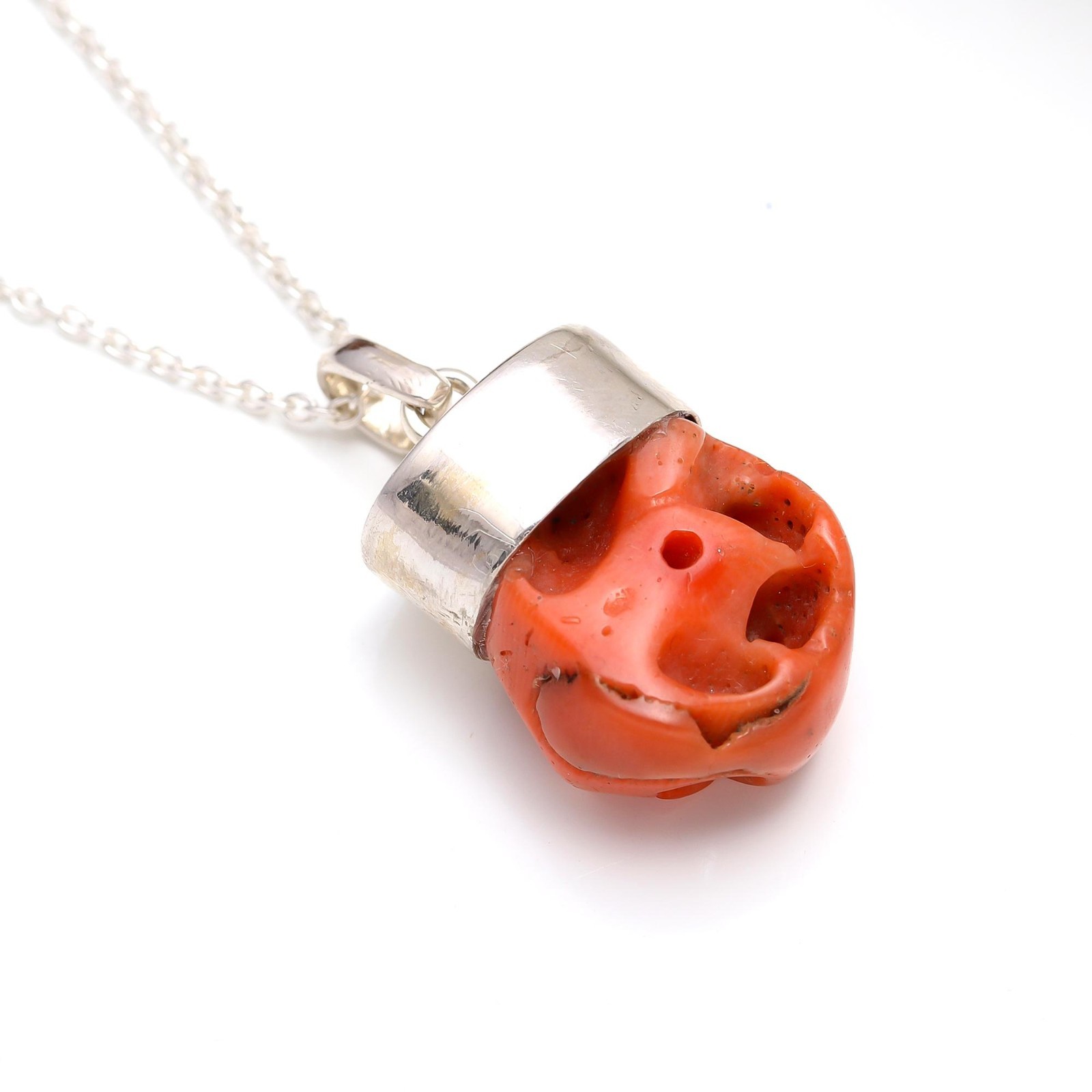 Natural Italian Red Coral Rough Chain Pendant 925 Sterling Silver Unique Jewelry