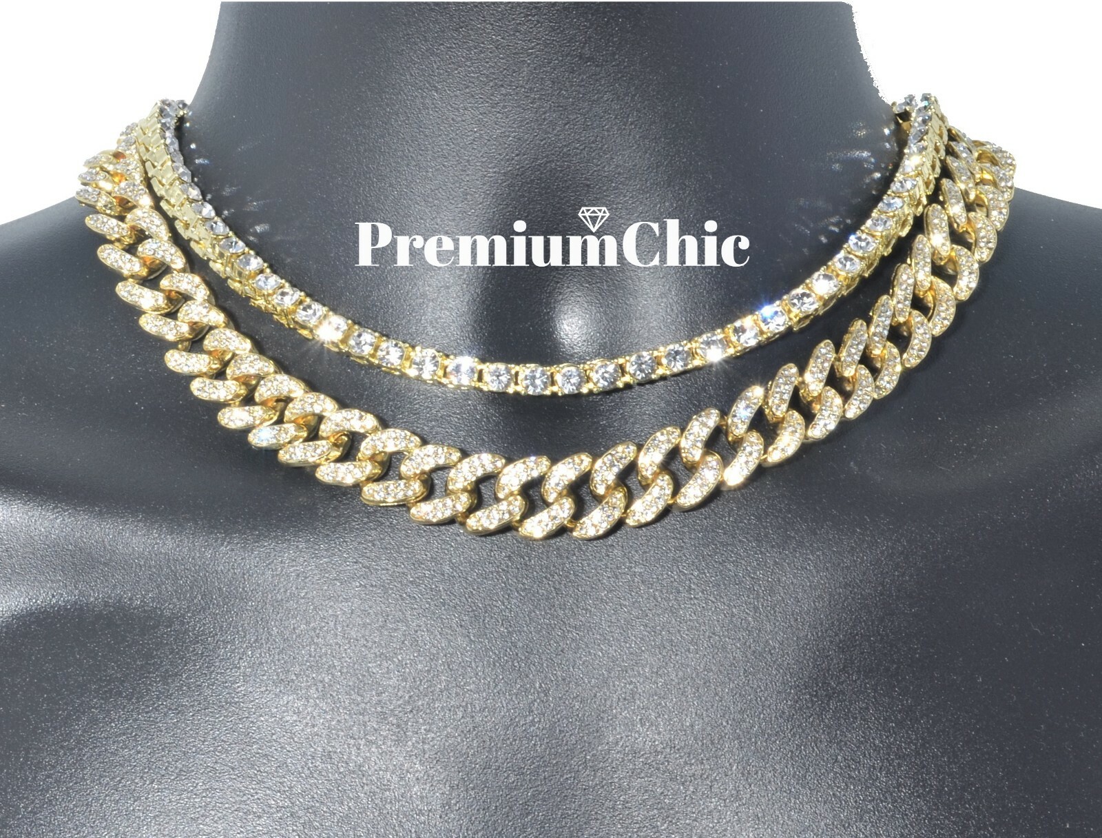 COMBO, 5MM Tennis Chain & 14MM Miami Cuban Choker HipHop Mens Plated CZ Necklace