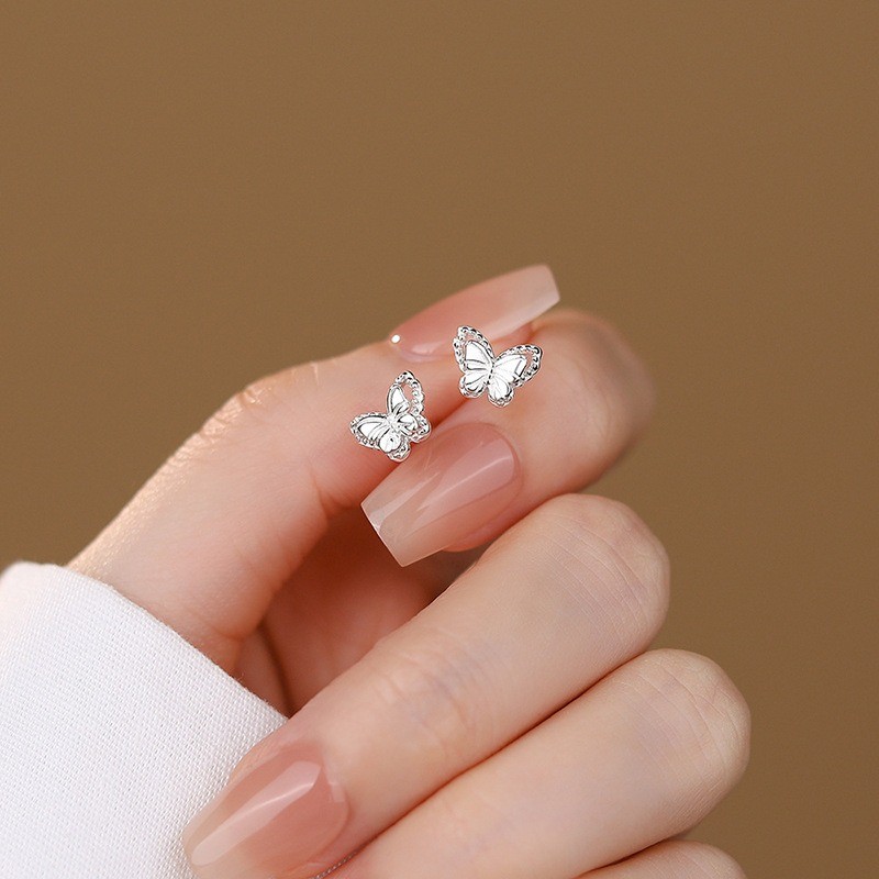 Silvery Double Layer Butterfly Screw Ear Studs Women’s Elegant Alloy Earrings