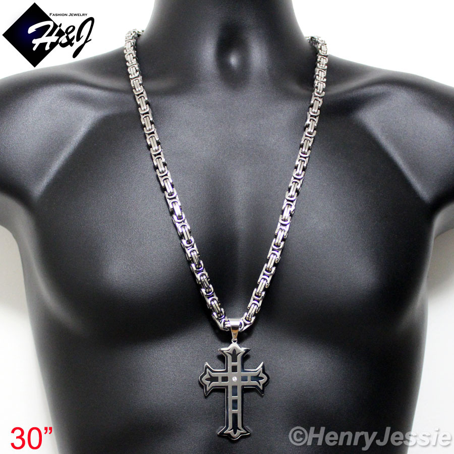 30″MEN Stainless Steel 9mm Silver Byzantine Box Link Chain CZ Cross Pendant*L5