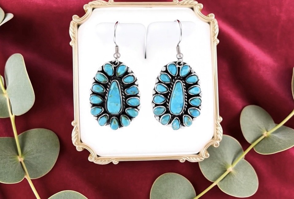VTG Natural Navajo Turquoise Cluster Dangle Earrings 925 Sterling Silver