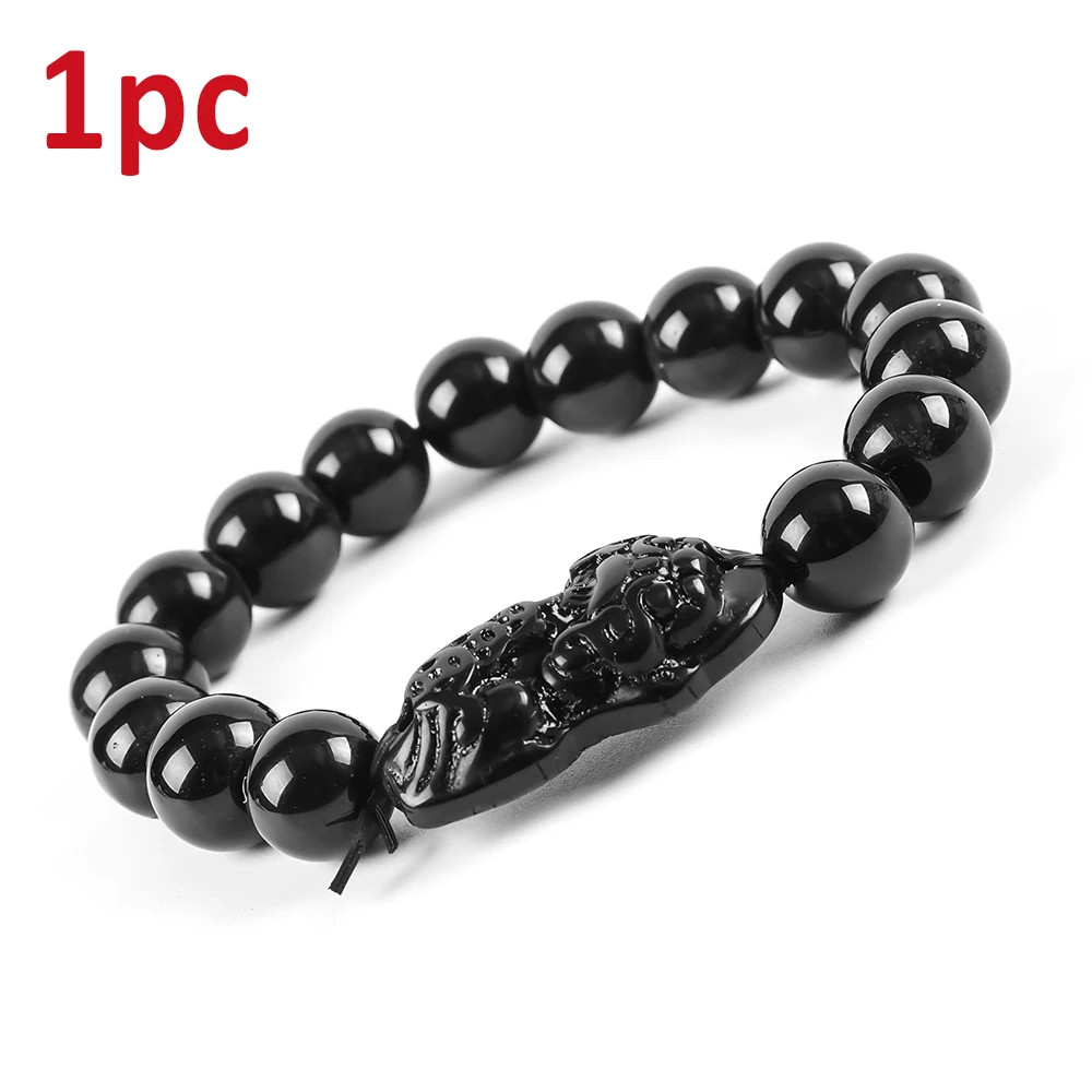 Pixiu Black Obsidian Stone Beads Bracelet Chinese Fengshui Good Luck Wealth For