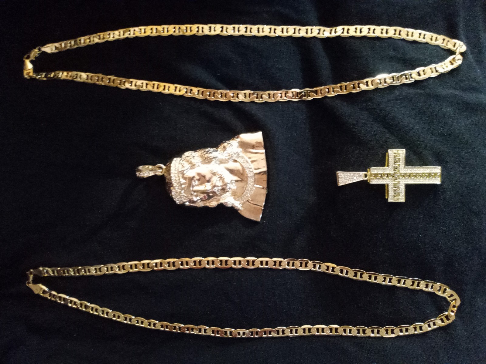 14K Gold Plated Mariner Chains(2) & Hip-hop Jesus Charm and Crucifix Pendant Set