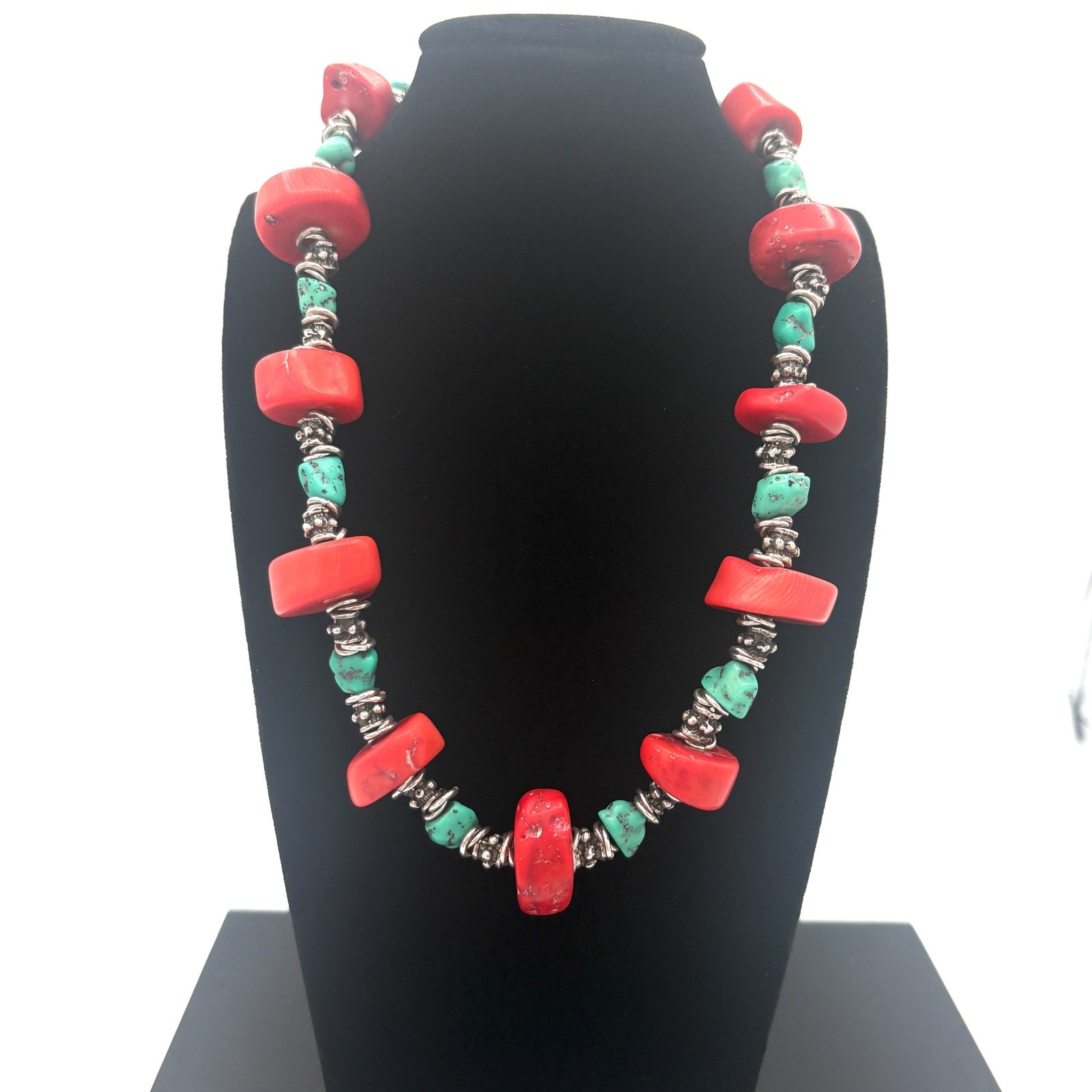 Artisan Bamboo Coral & Composite Turquoise Necklace with Sterling Silver Accents