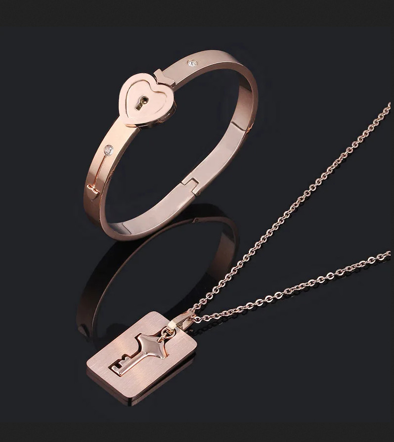 OurCoordinates Heart Lock Bracelet & Key Necklace Jewelry Set