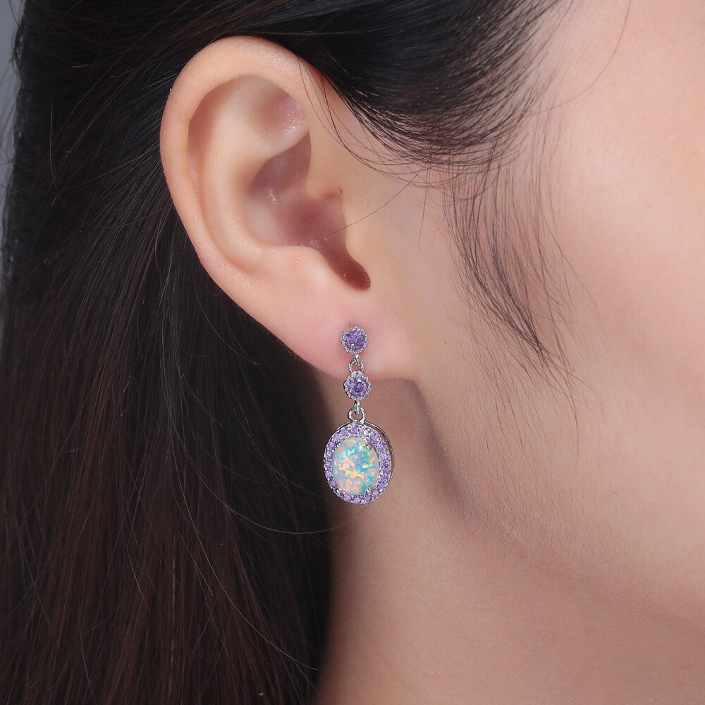 Gemstone Amethyst White Fire Opal Stud Silver Earrings 925 Silver Women Jewelry