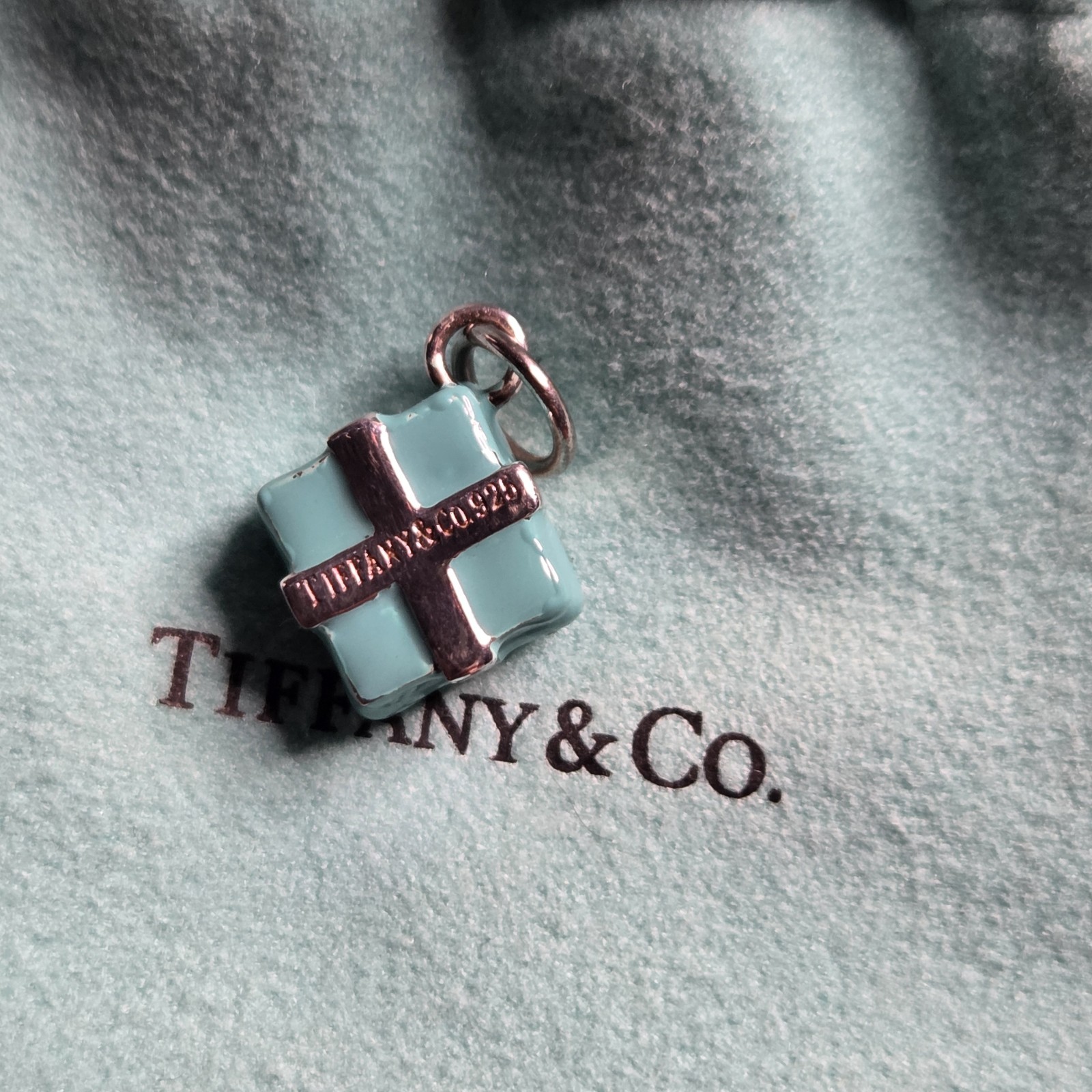Tiffany & Co. Blue Enamel Present Gift Box Charm Pendant Sterling Silver