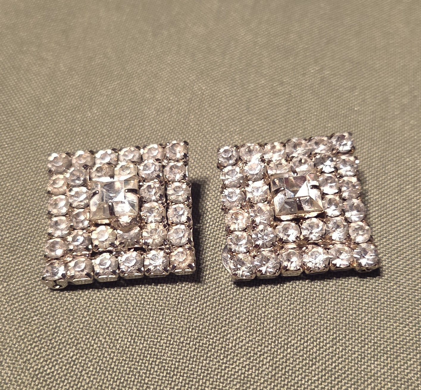 Square Clear Crystal Rhinestone Pavé Clip-On Stud Earrings Silver Tone Pair