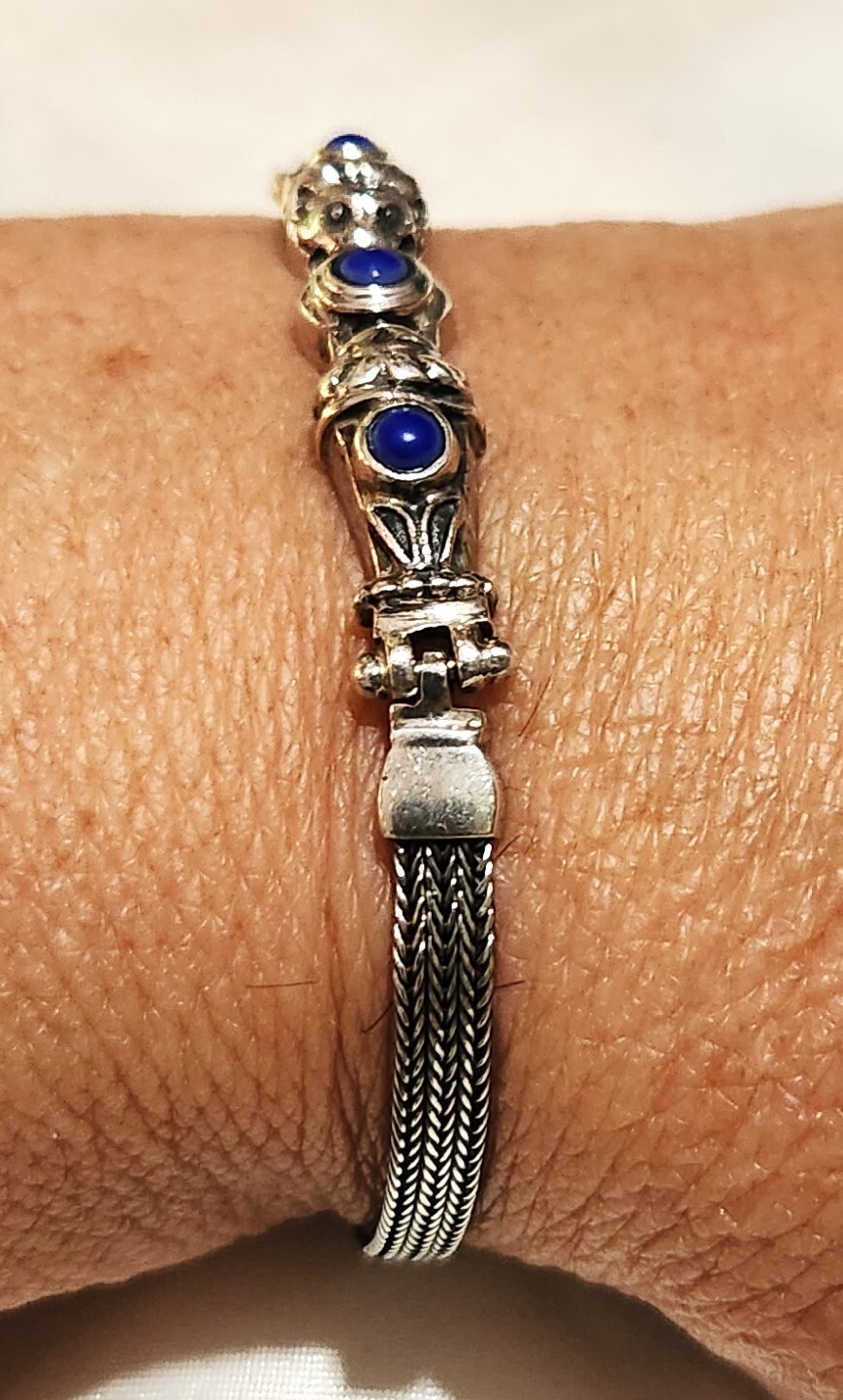 Sterling Silver Lapis Lazuli 3 Stone 4mm Wheat Chain 7 In Bracelet Signed OA 925