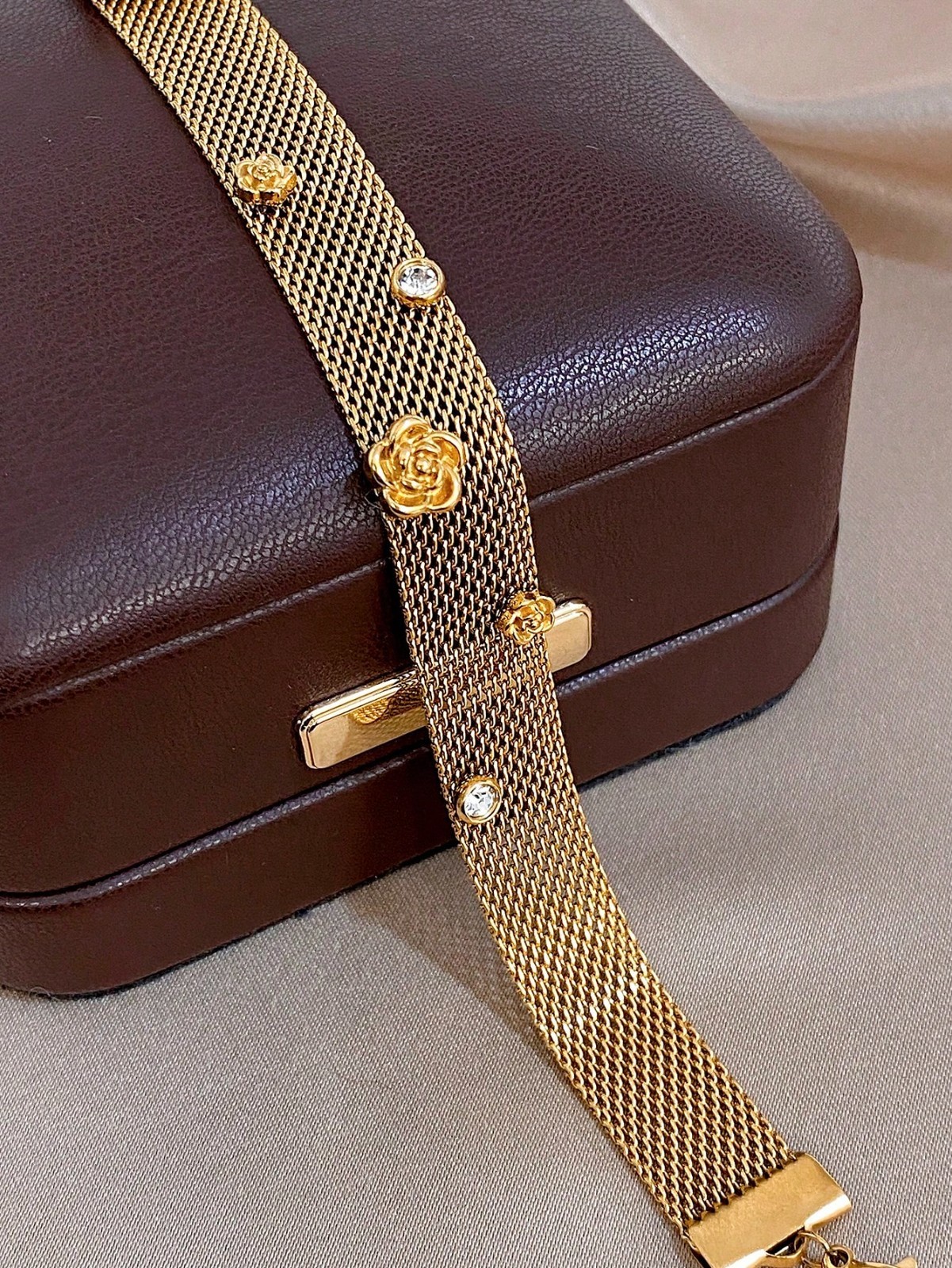 Gold Mesh Bracelet Rose Charm Crystal Accent Vintage Style Jewelry