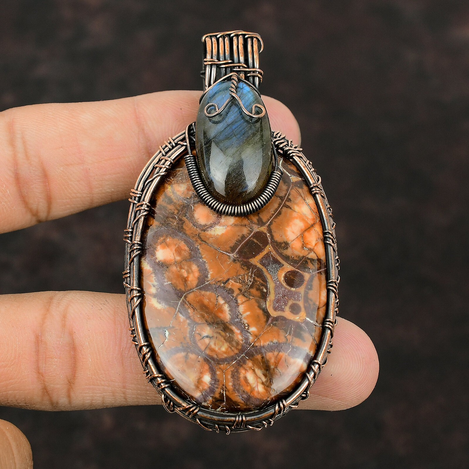 Birds Eye Jasper Gemstone Jewelry Copper Friend Gift Wire Wrapped Pendant 2.99″
