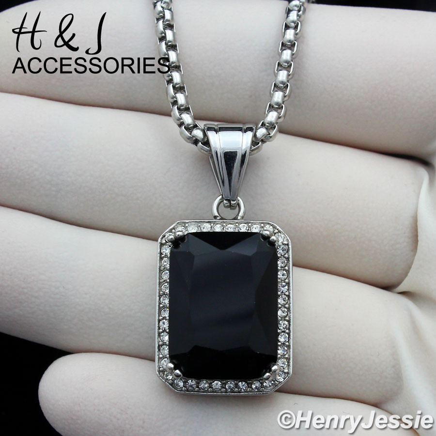 18-36″MEN Stainless Steel 3mm Silver Box Link Chain Black Onyx Pendant*P98