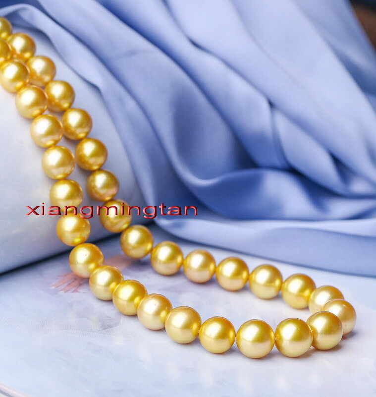 AAAAA 20″10-11mm NATURAL REAL round South sea deep golden pearl necklace 14K