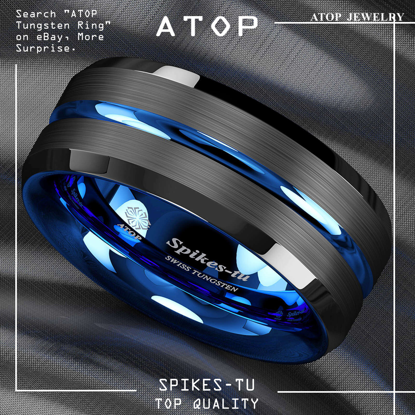 8/6mm Tungsten Men’s Ring Thin Blue Line-Inside Black Brushed Band ATOP Jewelry