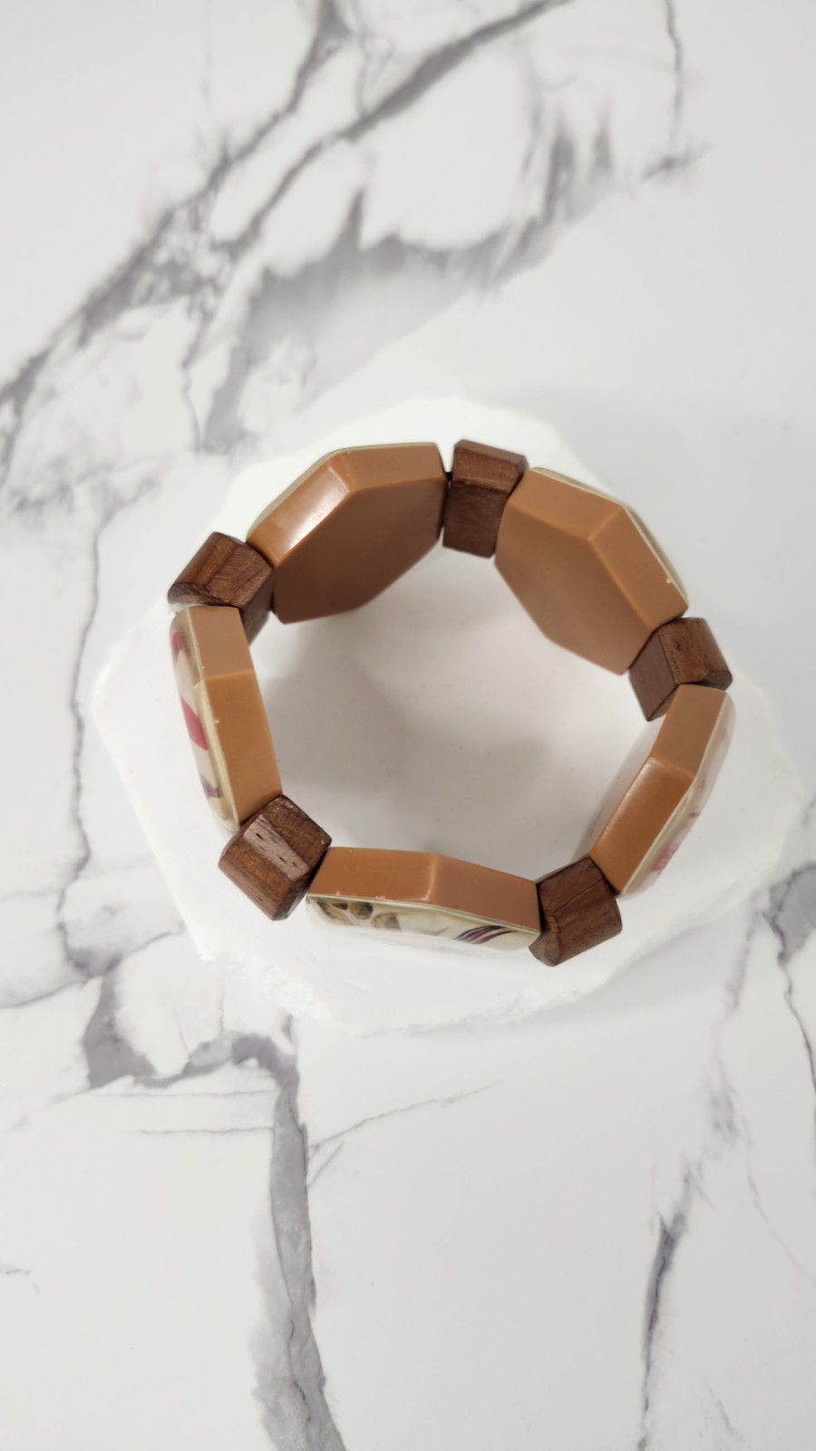 Boho Tropical Wooden Hexagon Tile Bracelet Acrylic Resin Bird Print Statement