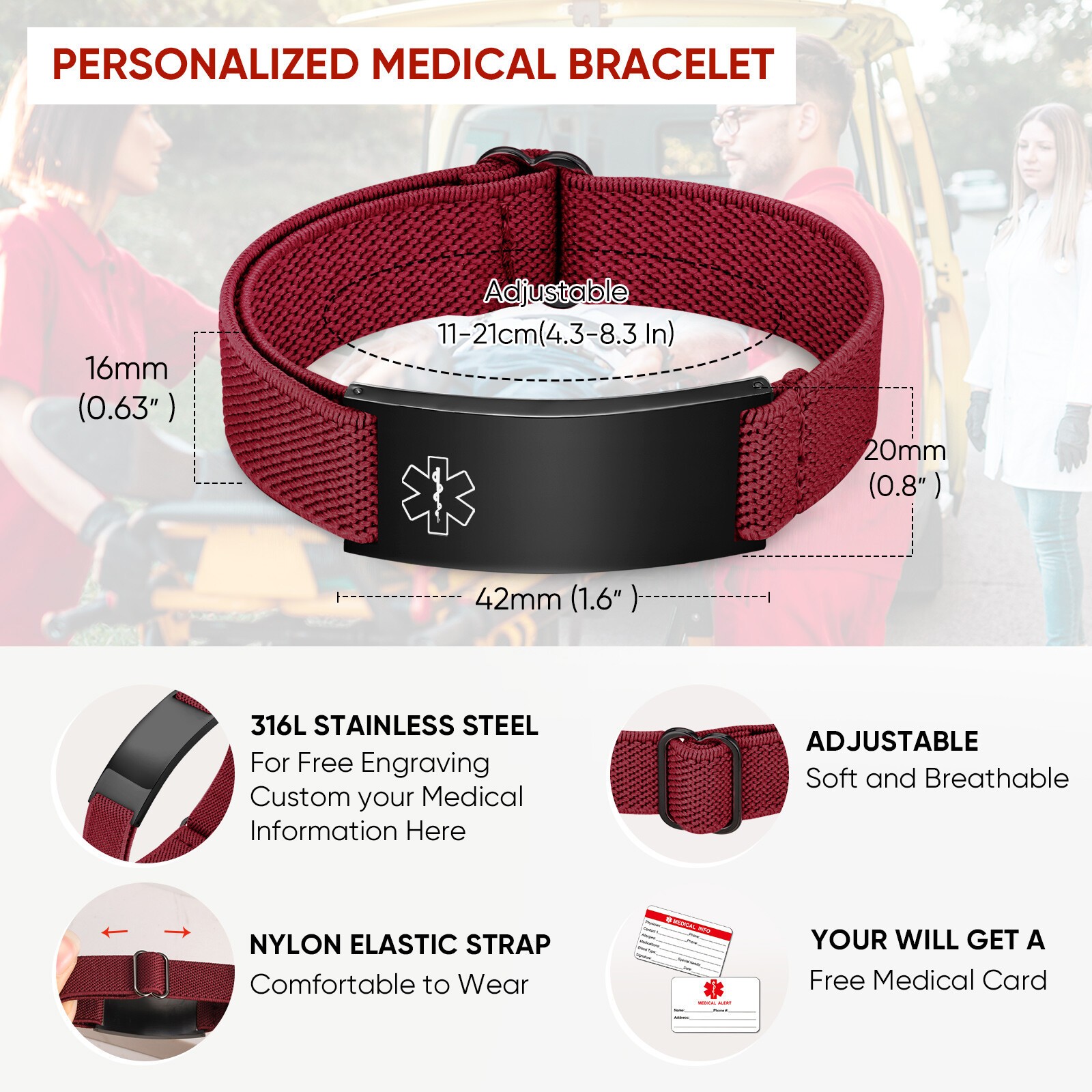 Personalized Medical Alert ID Bracelet Elastic Emergency Bangle Wristband Unisex