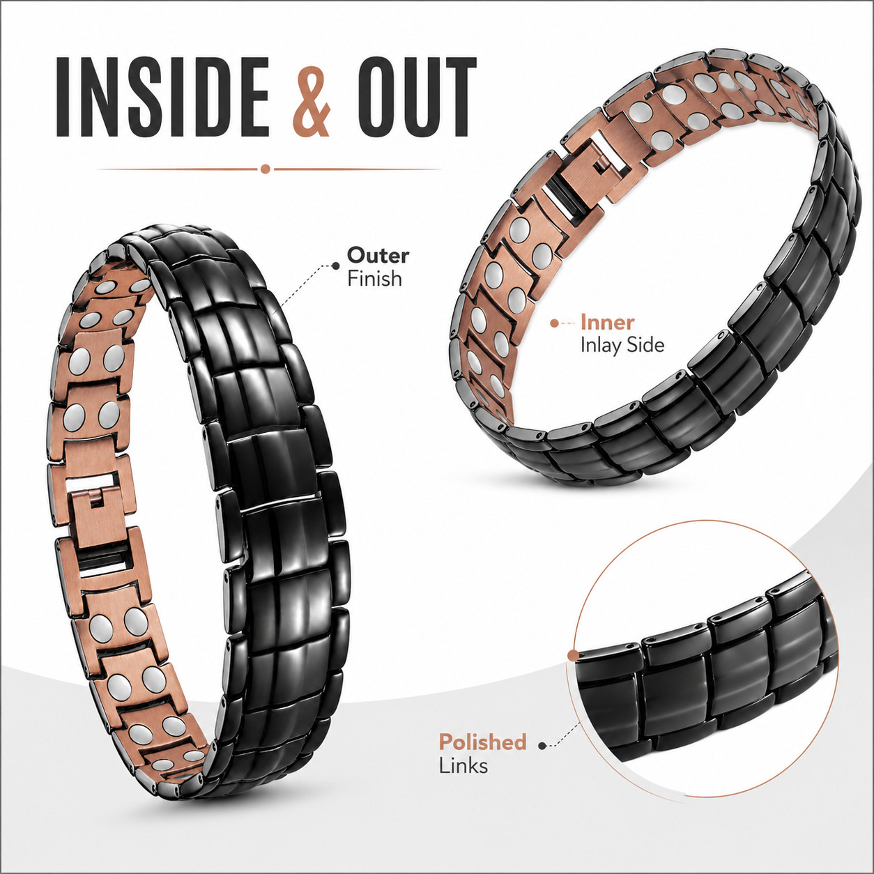 Double Sided Black Copper Magnetic Bracelet for Men Adjustable Pain Relief Arthr
