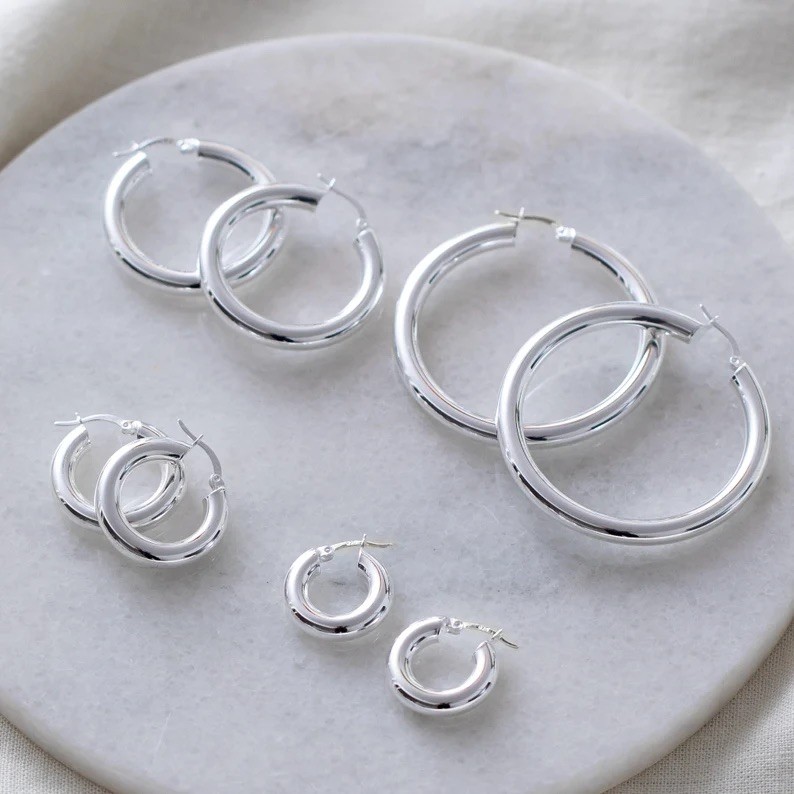 Chunky Sterling Silver Hoop Earrings: Medium Thick Solid Silver Hoops