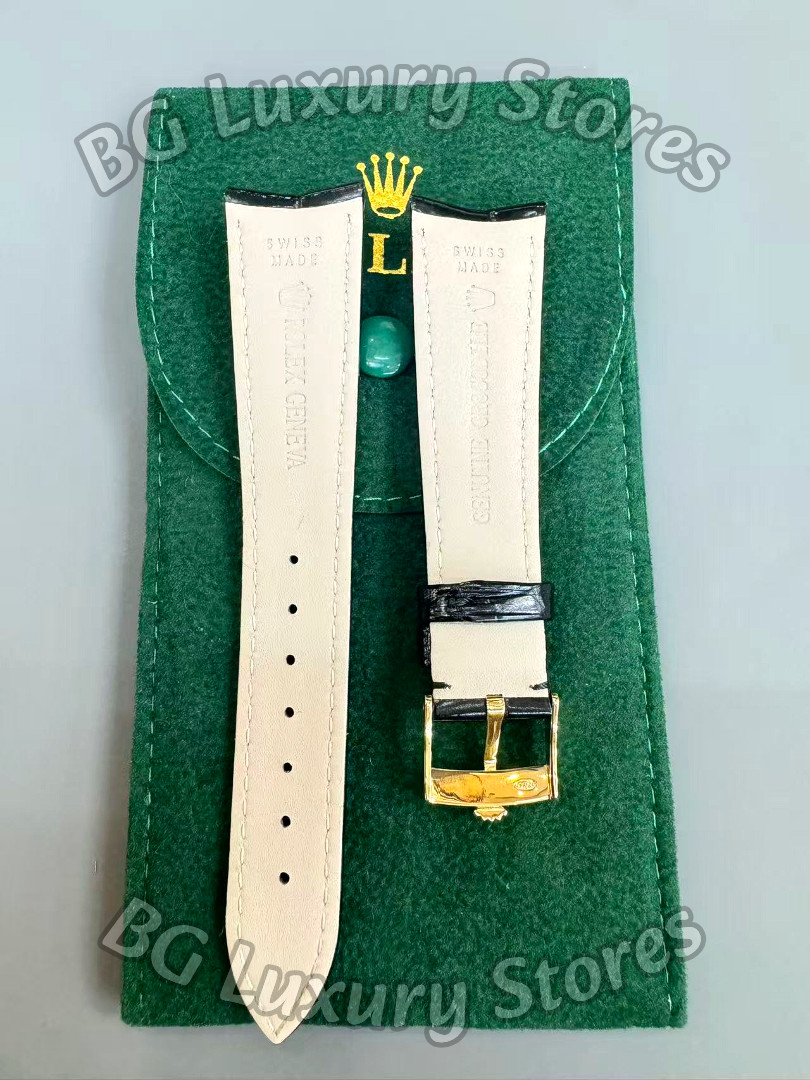 ROLEX Black Crocodile Leather Watch Strap 20-16mm Gold Buckle Vintage NOS