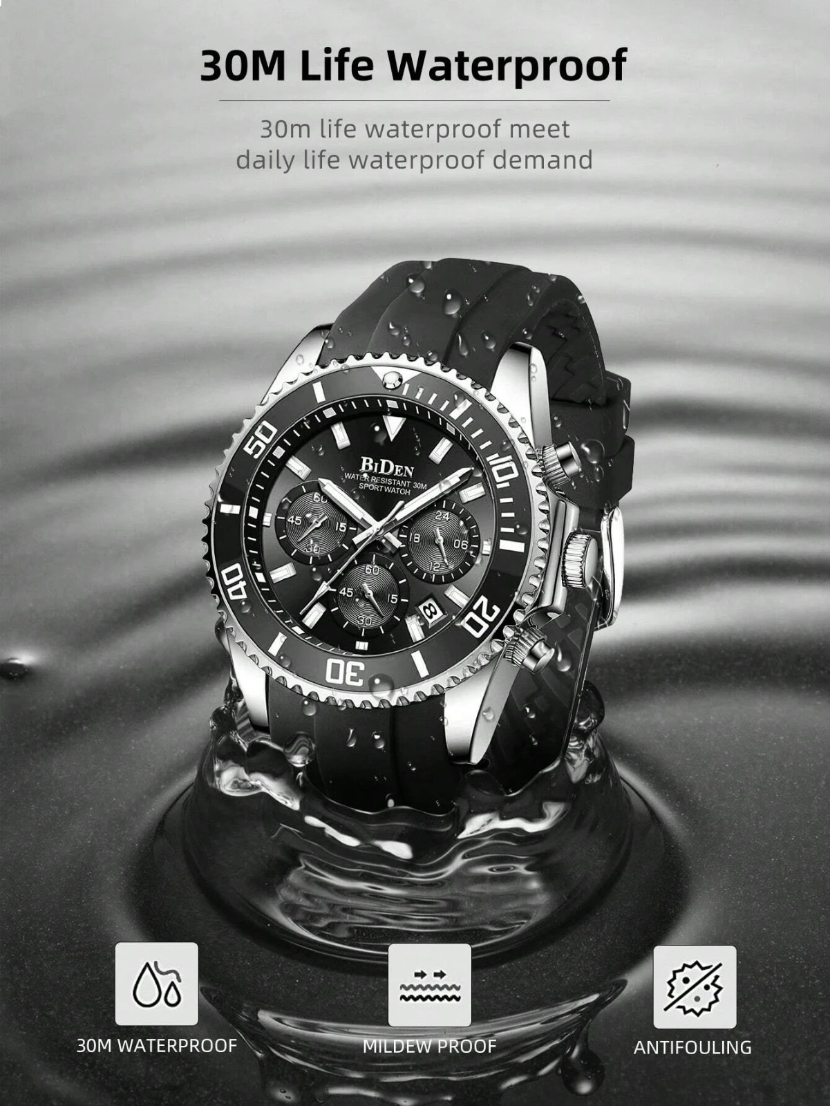 Men’s Diving Bezel Chronograph Watch Water-Resistant Rubber Strap Simulated Date