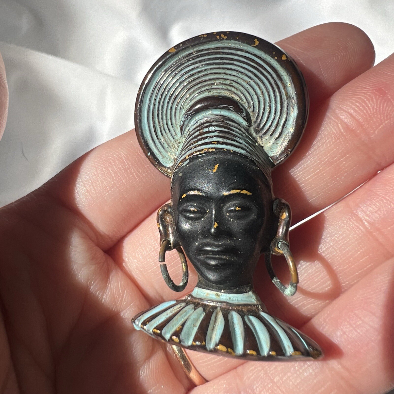 Vintage Art Deco Era African Princess Headdress Enamel Estate Costume Pin Brooch