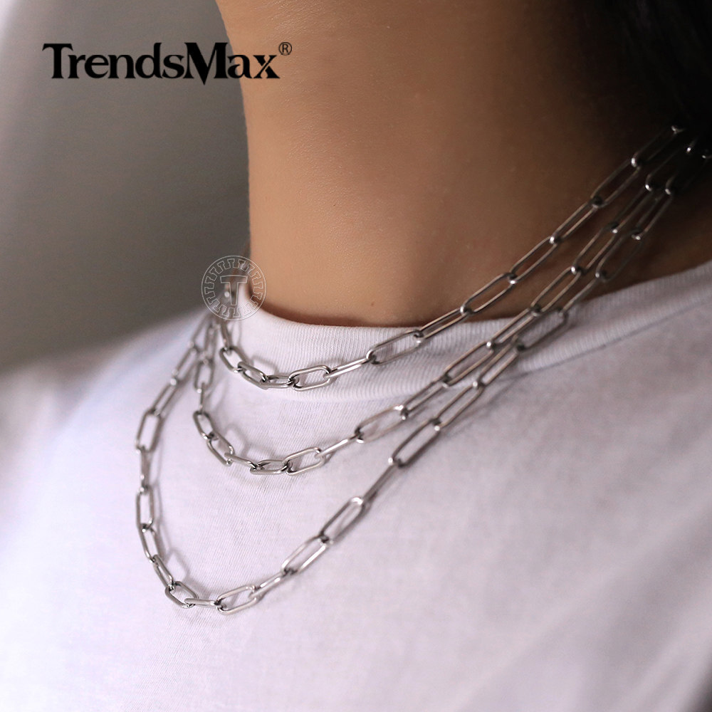 4mm 16-20 inch Stainless Steel Paperclip Chain Necklace Men Women Choker Jewelry