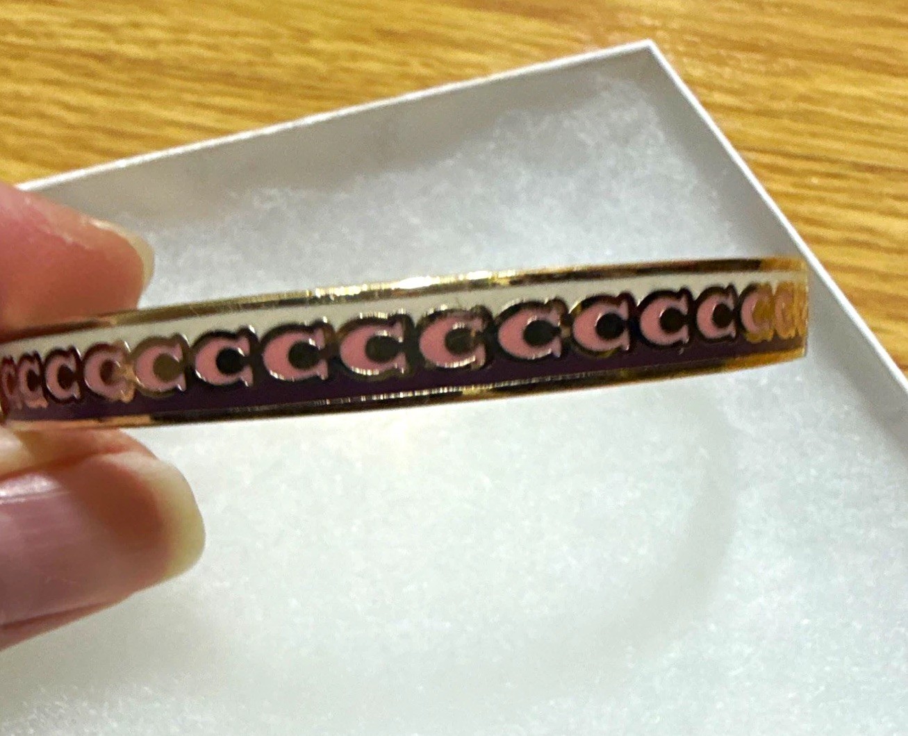 Coach Gold Tone Pink & Black Enamel C Logo Bangle Bracelet Signed