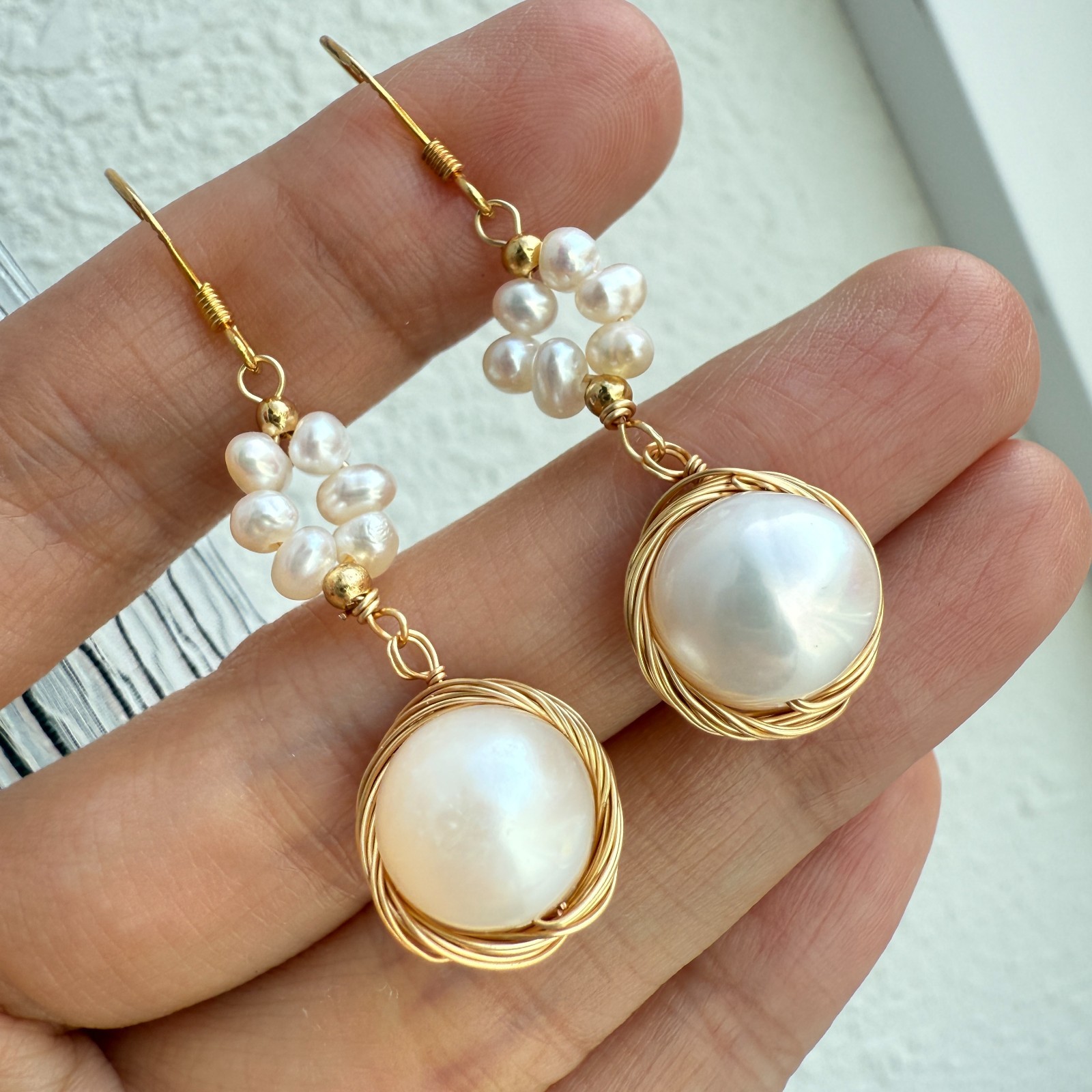 Natural Freshwater Pearl Earrings 925 Sterling Sliver Wire Wrapped Handmade Drop