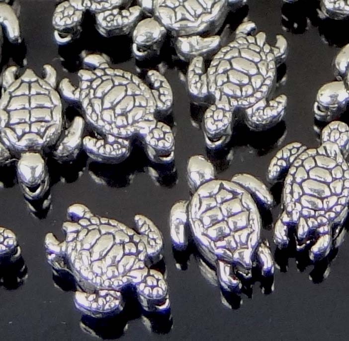 20 tiny Antique Silver Pewter Turtle Tortoise Beads 9x7mm