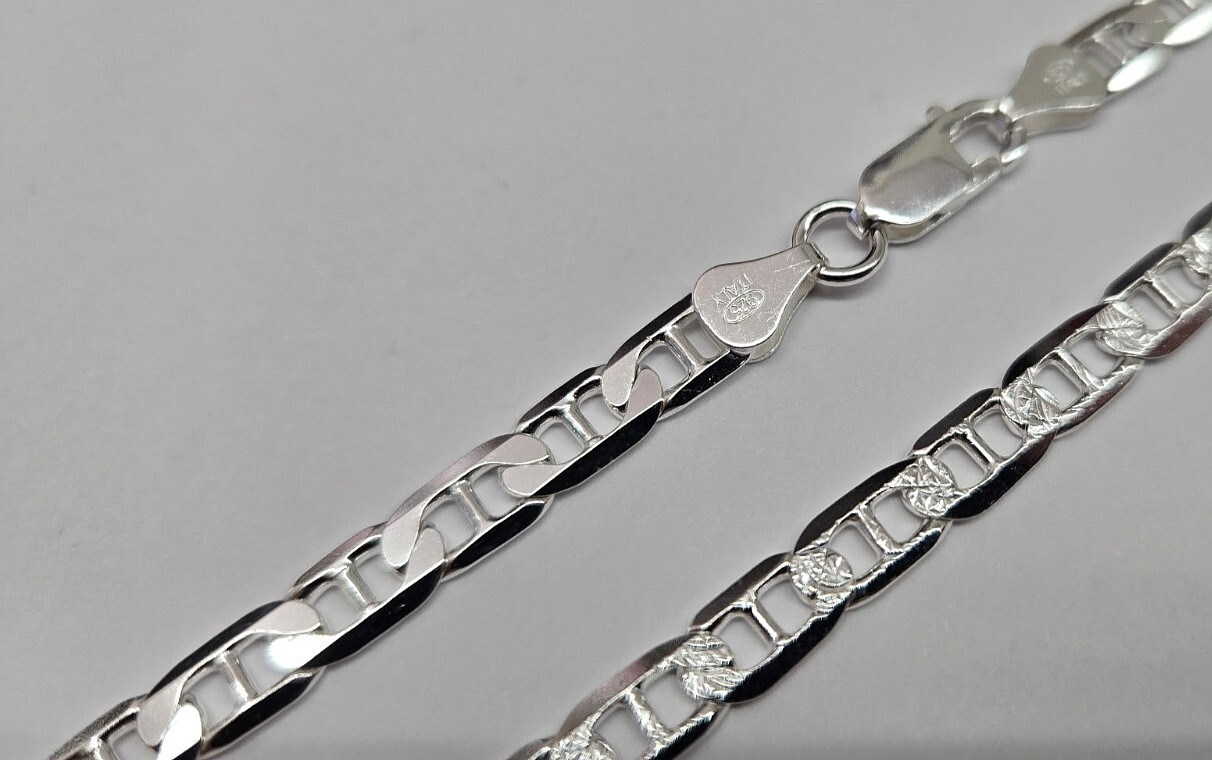 925 Sterling Silver Flat Mariner Link Chain Diamond Cut Necklace 5.8mm 7″ to 30″
