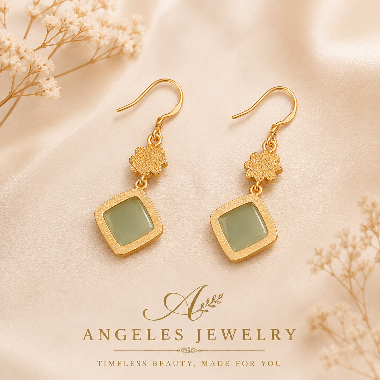 Jade Drop Dangle Earrings Flower Gemstone Boho Minimalist Hook 18K Gold Plated