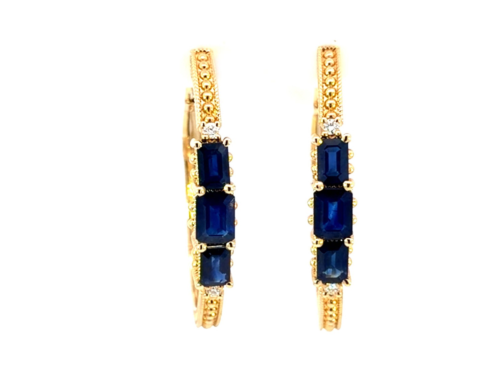 Judith Ripka Emerald Cut Sapphire Diamond Hoop Earrings 14k Yellow Gold