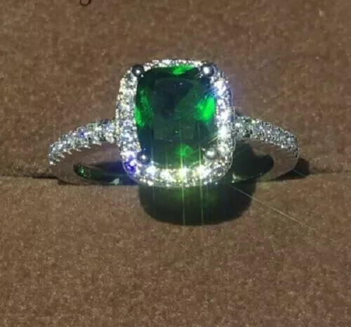 2.5Ct Lab-Created Green Emerald Halo Engagement Ring Solid 14K White Gold Finis