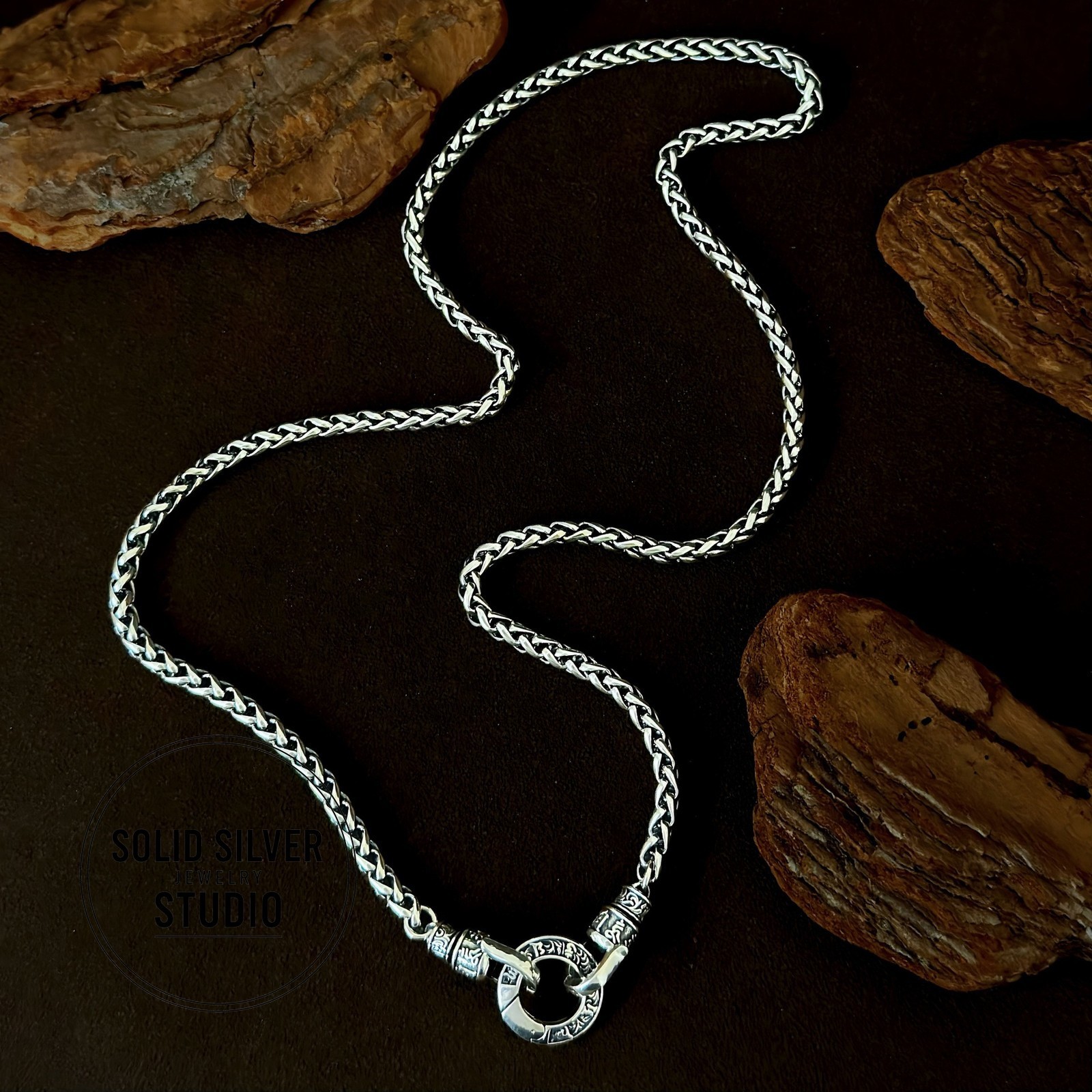 Solid S925 Silver Buddhist Mantra Necklace Spiga/Wheat Chain Pendant Holder Gift