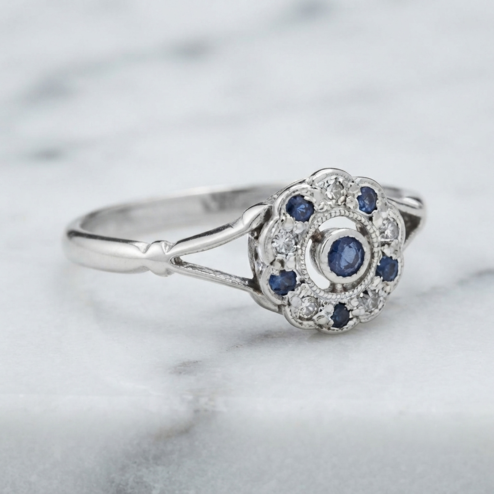Blue Round Simulated Diamond 14K Gold Art Deco Split Shank Floral Inspire Ring