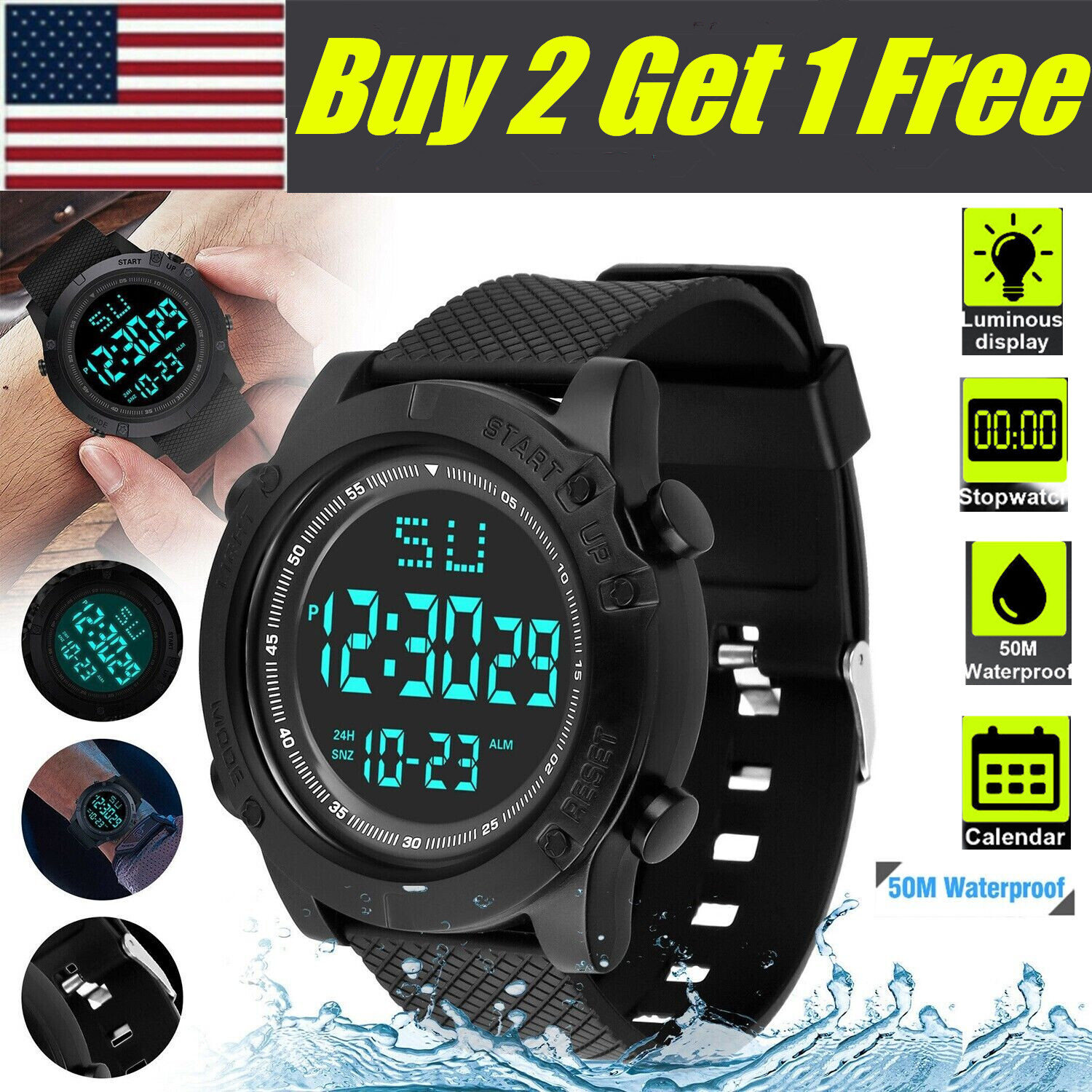 Men Waterproof Digital Sports Watch Military Tactical LED Backlight Wristwatch