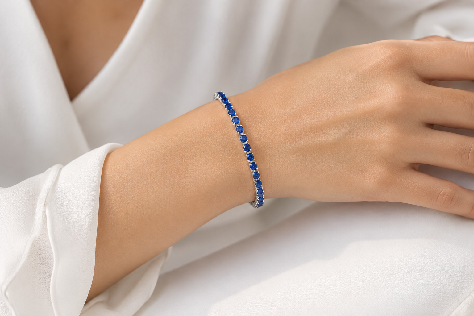925 Sterling Silver 12Ct Blue Created Sapphire Tennis Bracelet 7″ Gift for Her
