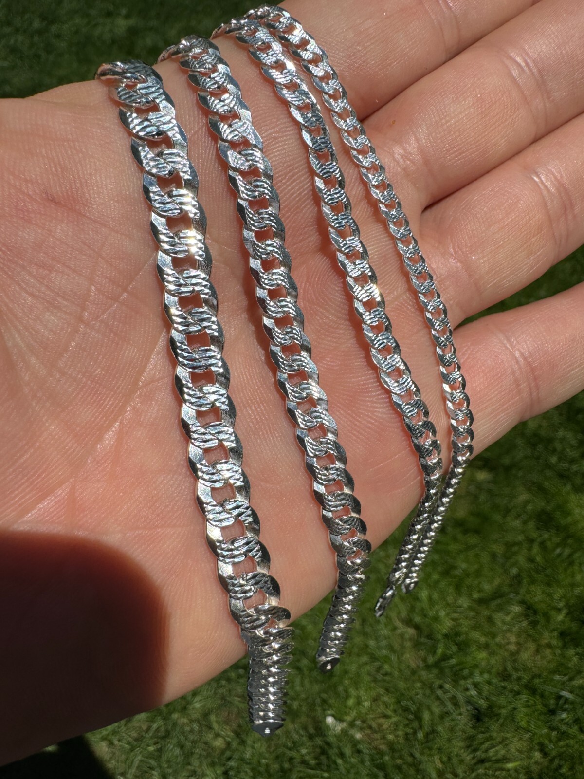 Real Solid 925 Silver Flat Diamond Cut Curb Cuban Link Bracelet 4-8mm