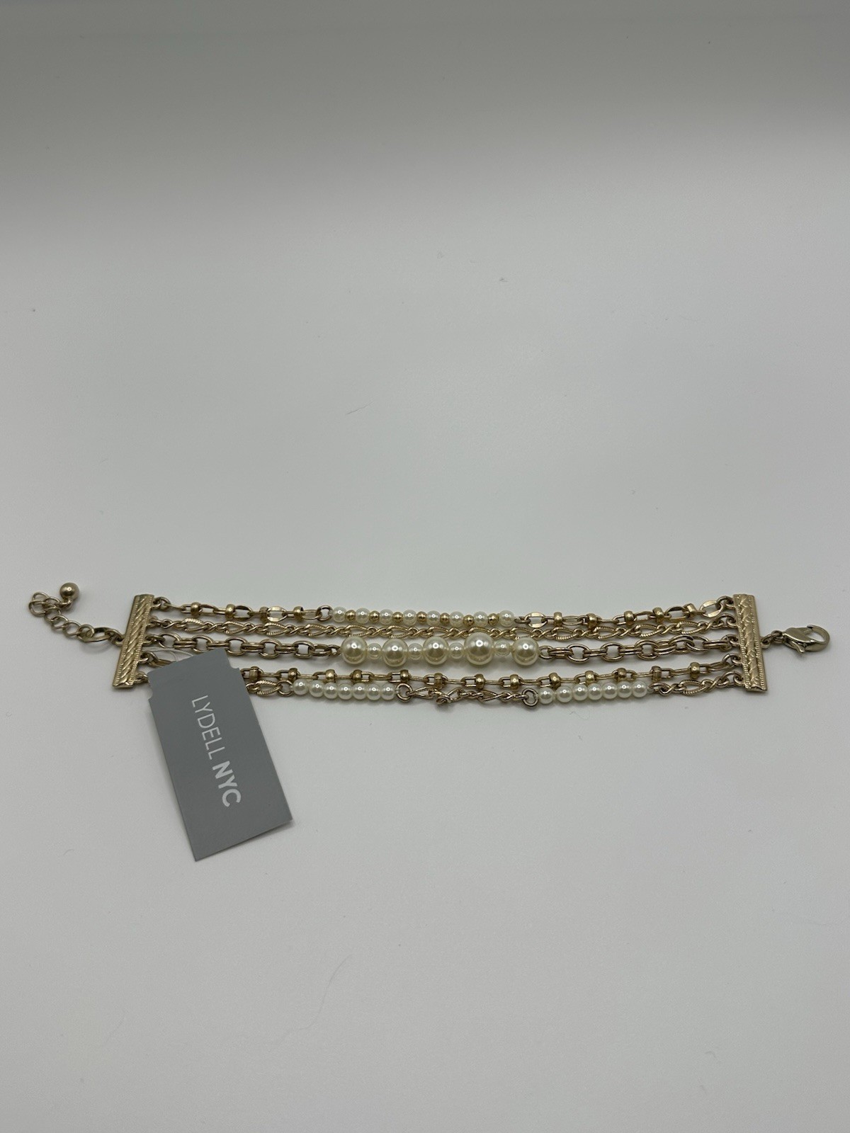 NWT LYDELL NYC Gold Tone Multi Strand Chain Bracelet With Acrylic Pearls Size 8