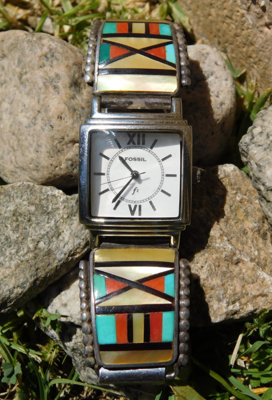 Herbert & Ester Cellicion Zuni Sterling Silver Multi Gemstone Flush Watch Tips
