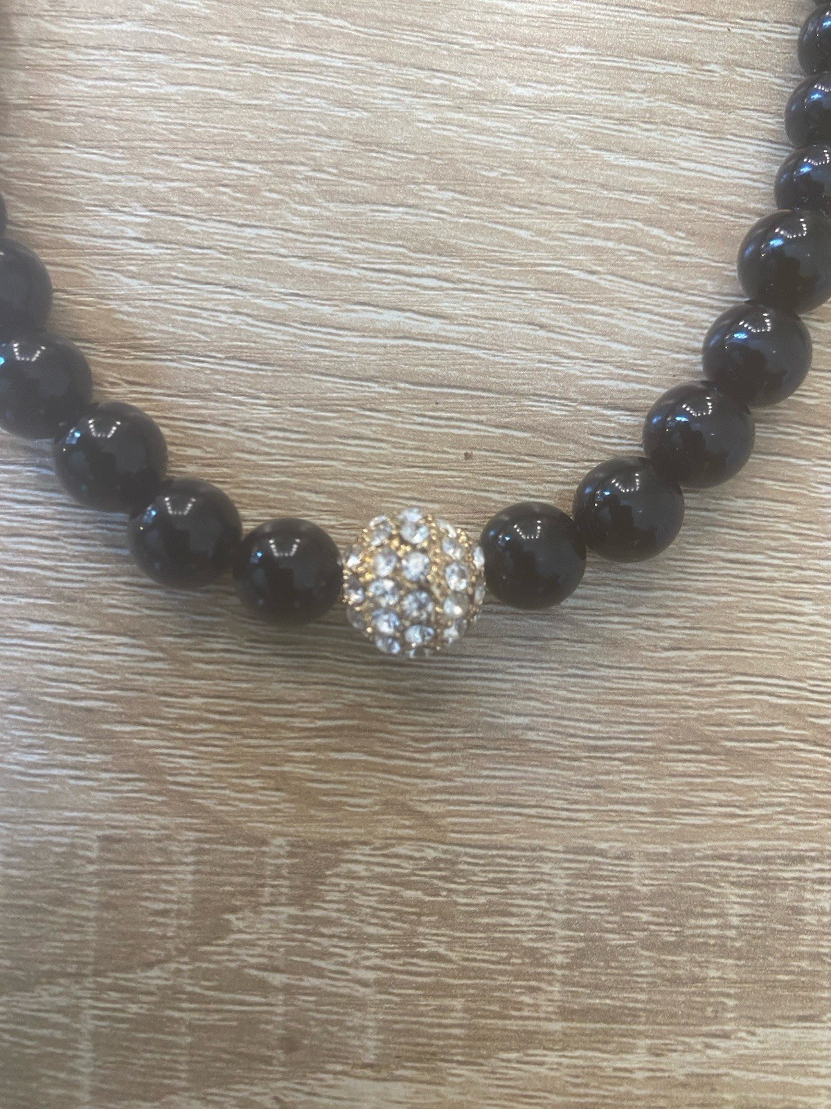 Classic Glossy Black Beaded Necklace Sparkling Rhinestone Accent Gold Tone Clasp