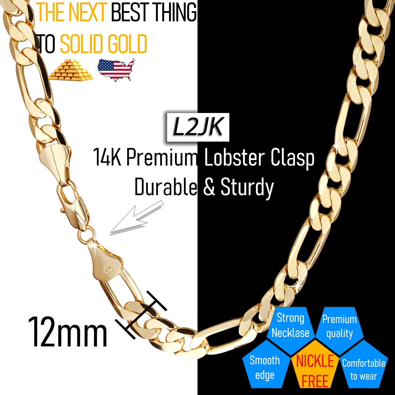 Italy Figaro Chain Link 14K Gold Plated 12mm 24″ Hip Hop Fashion For Men & Women