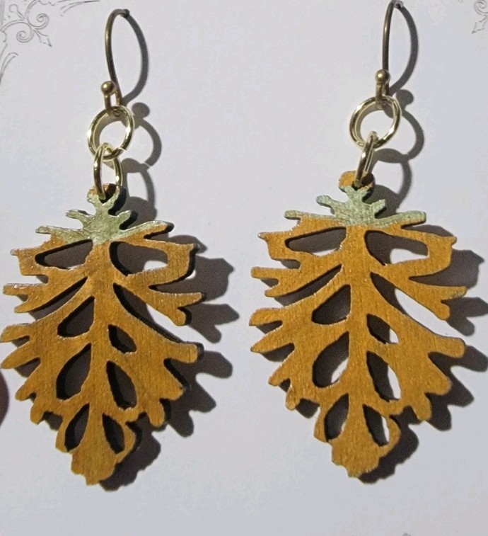 Gold Green Metal Leaf Nature Cutout Dangle/Drop Hook Earrings, No Stone