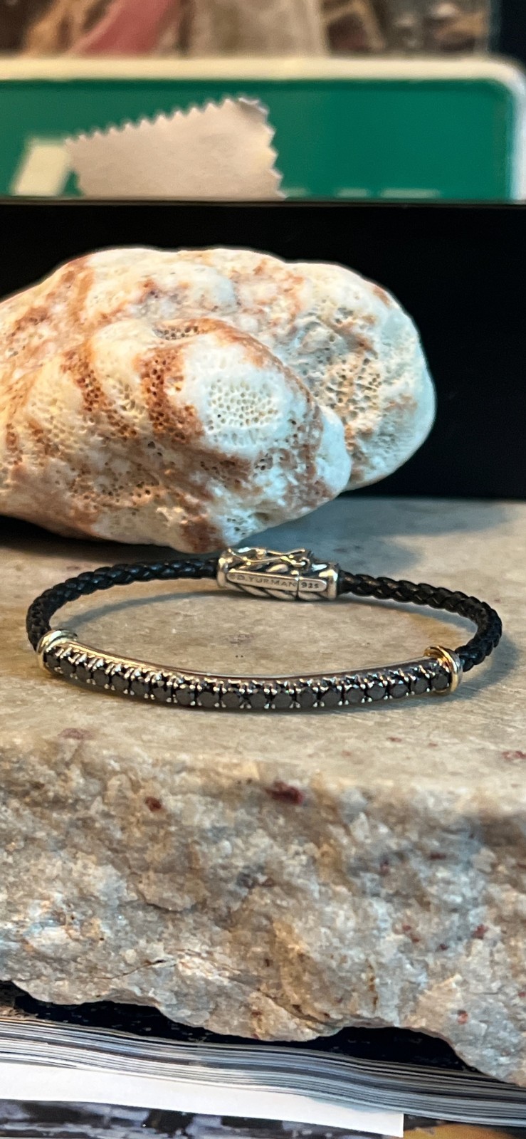 David Yurman Black Diamond 925 leather bracelt with Chevron Motif 7″