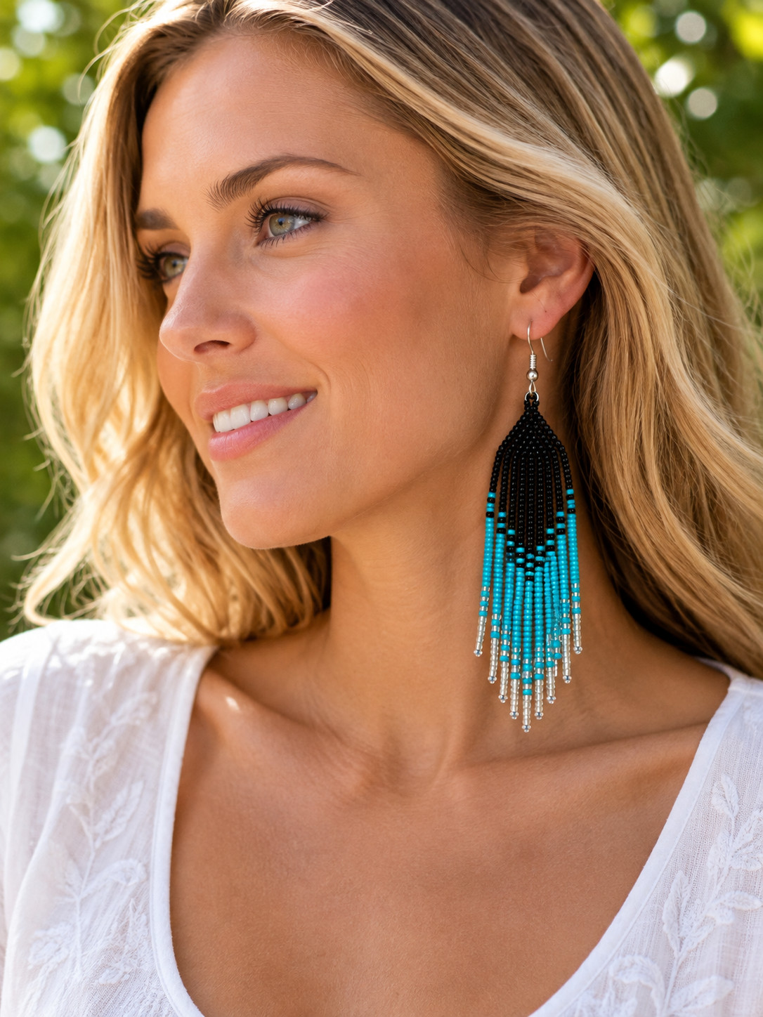 Handmade Seed Bead Fringe Earrings Long Tassel Boho Dangle Statement Jewelry.