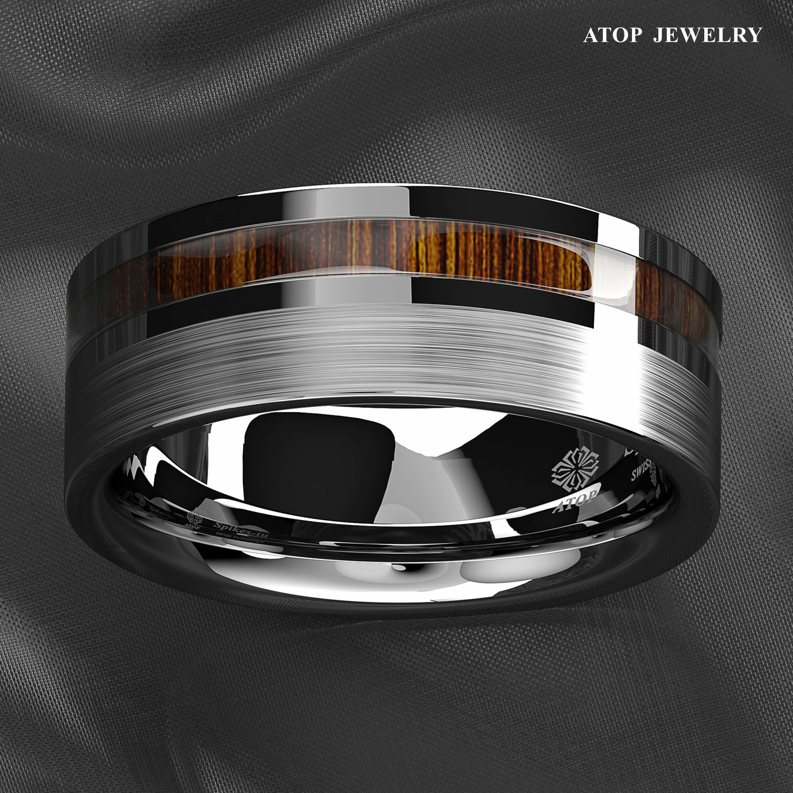 8mm Silver Brushed Tungsten Carbide Ring Off Center Koa Wood ATOP Wedding Band