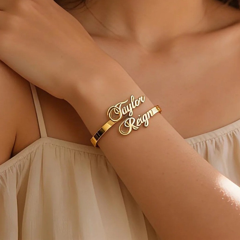 Customized Double Name Engraved Stainless Steel Bracelet Cuff Anniversary Gift
