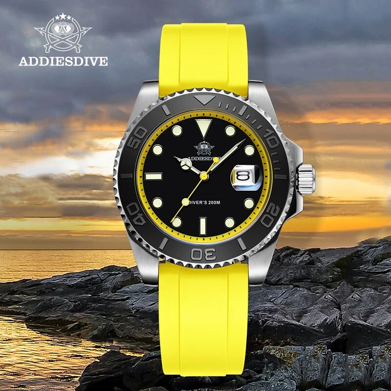 Addiesdive 41mm Quartz Dive Watch 200m Silver Stainless Steel Bezel Rubber Strap