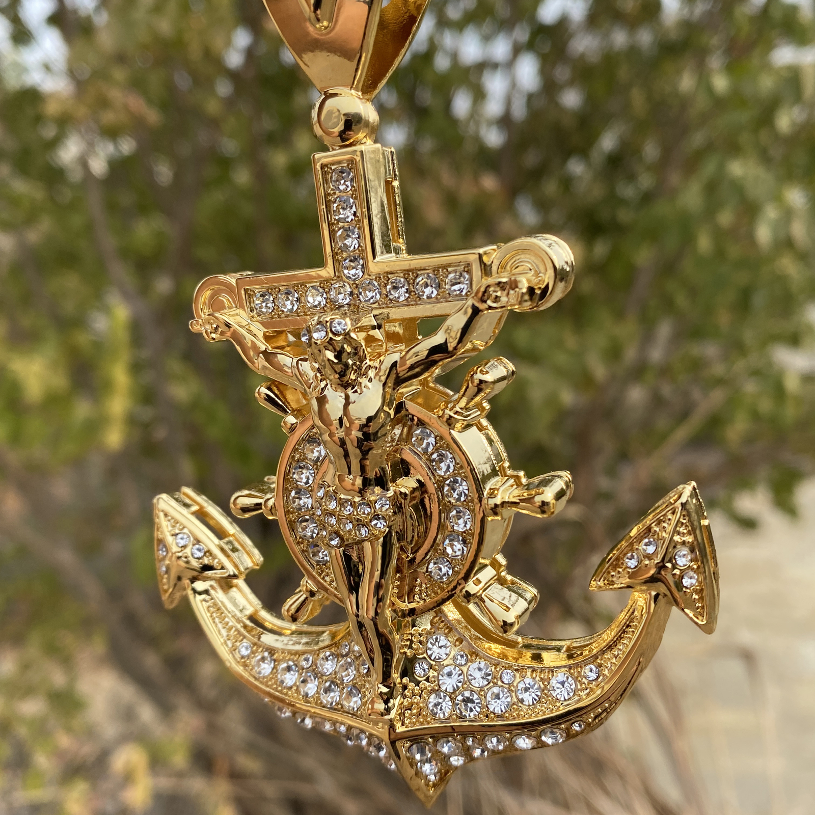 18K Gold Plated Huge Mariners Cross Anchor Jesus Chain 30″ Simulated CZ 30″